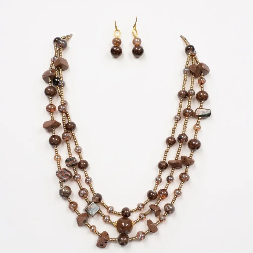 Three Layers Multi Brown glass Seed Bead Glass seed Bead Necklace Earring Set